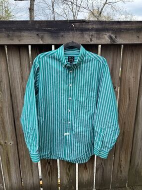 Jos. A. Bank Traveler’s Collection Green White Vertical Stripe Button-Down Shirt
